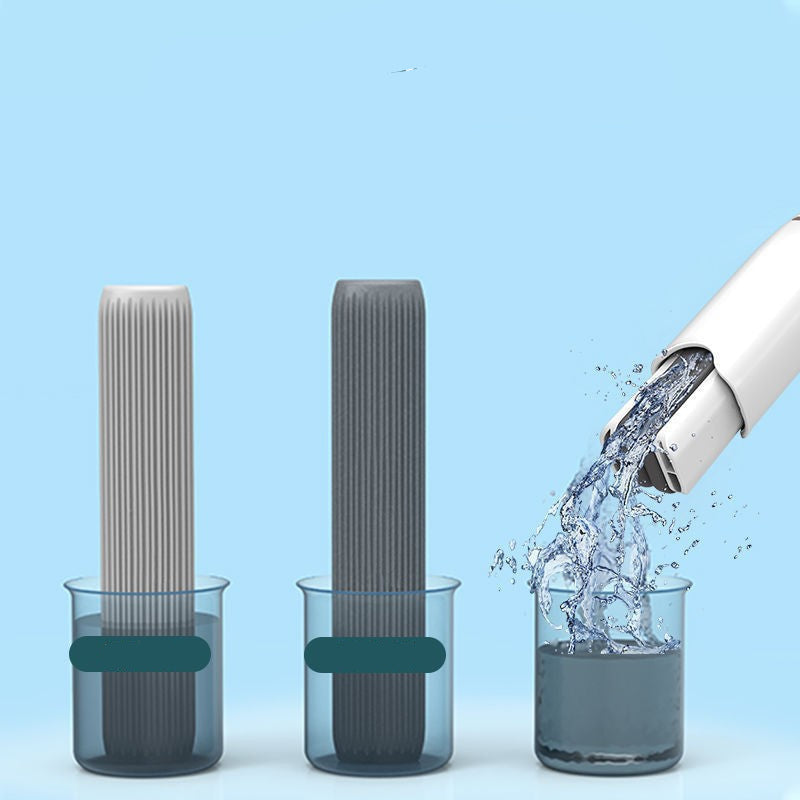 Product demonstration showing water absorption before and after use with text on a blue background