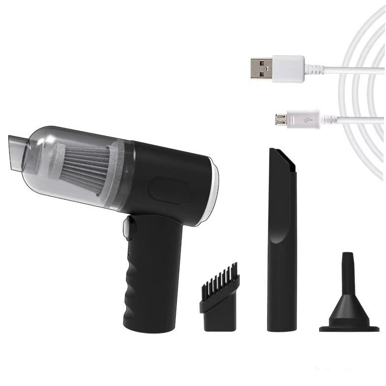 Black handheld vacuum cleaner with attachments on a white background