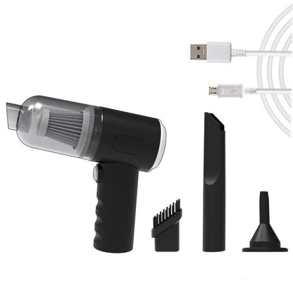 Black handheld vacuum cleaner with attachments on a white background
